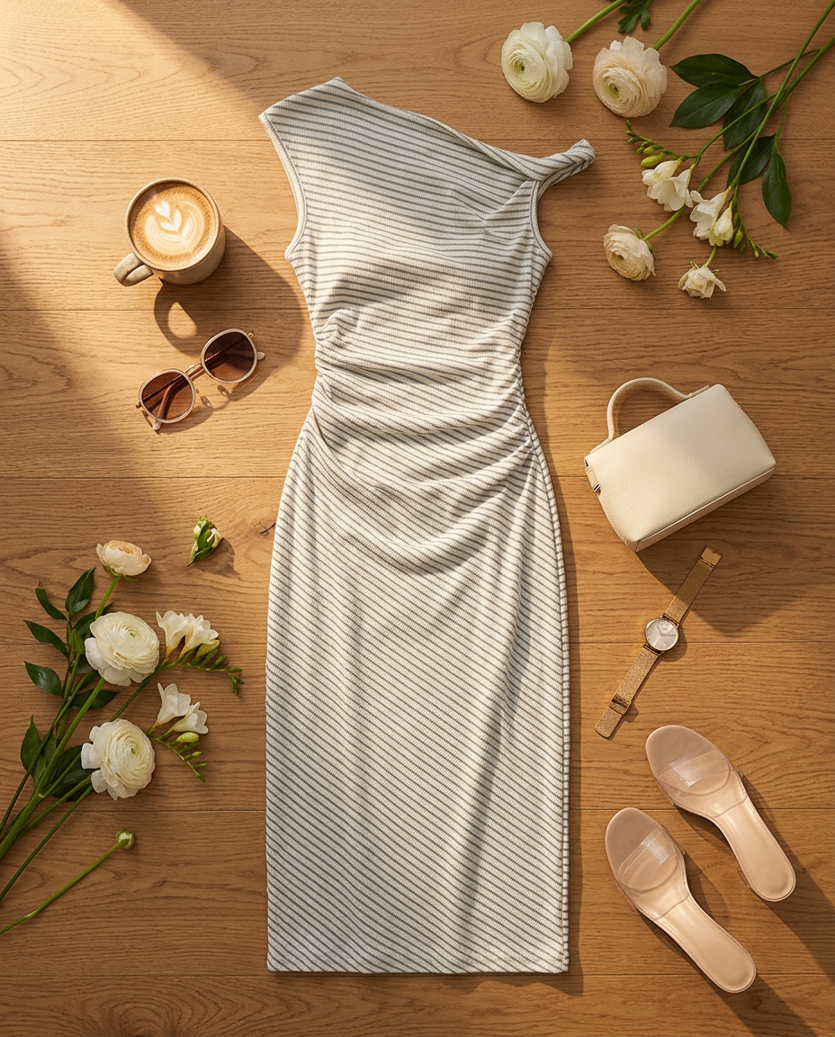Model wearing the striped one-shoulder midi dress in a sunlit cafe