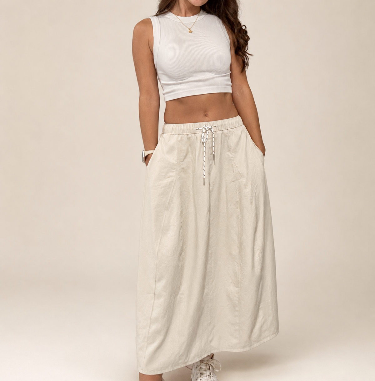 Front studio view of Pretty Hours lightweight khaki drawstring midi skirt